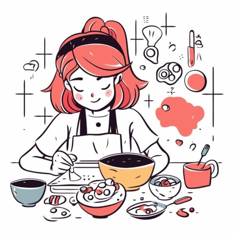 Cute girl cooking. Vector hand drawn illustration in doodle styl