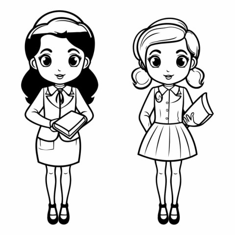 Black and White Cartoon Illustration of Cute Little Schoolgirl o