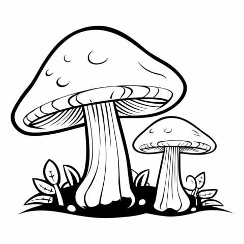 Black and White Cartoon Illustration of Mushrooms or Fungus for