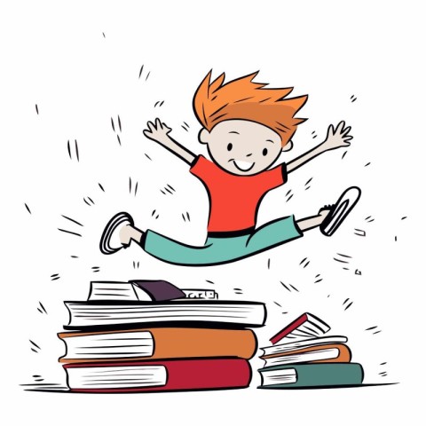 Boy jumping from pile of books. Hand drawn vector illustration i