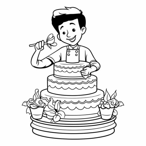 cute little boy with birthday cake cartoon vector illustration g