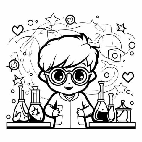 Black and White Cartoon Illustration of Kid Boy with Glasses Doi