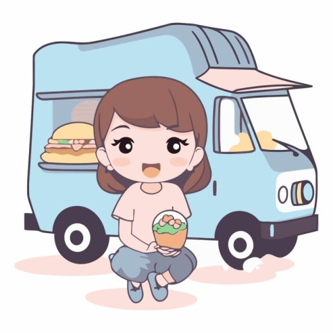 Illustration of a Cute Girl Sitting Next to a Fast Food Truck