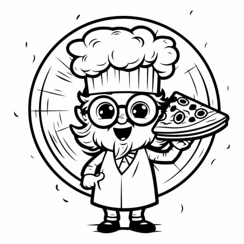 Black and White Cartoon Illustration of Pizza Chef or Chef Chara