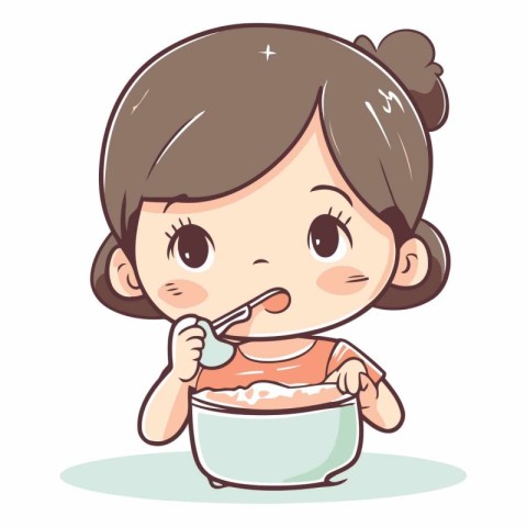 Cute little girl eating yogurt in cartoon style.