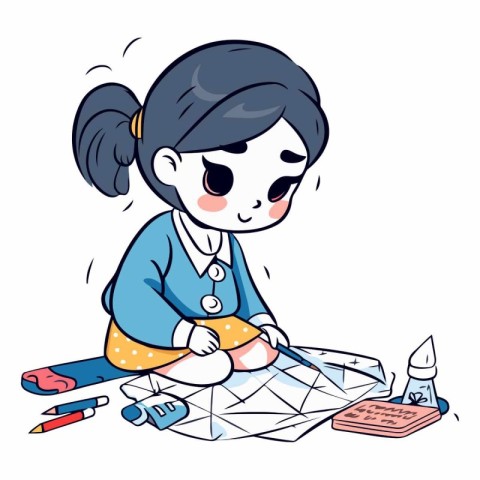 Illustration of a little girl drawing a picture with pencils.