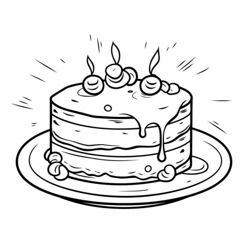 Black and White Cartoon Illustration of a Cake with Cherries for