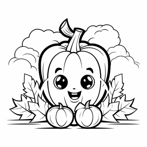 Black and White Cartoon Illustration of Cute Pumpkin Character f