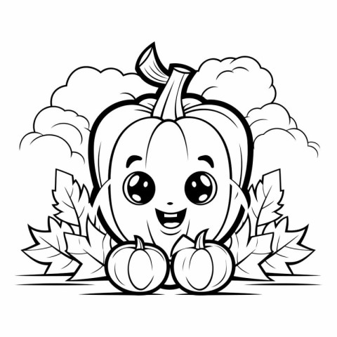 Black and White Cartoon Illustration of Cute Pumpkin Character f