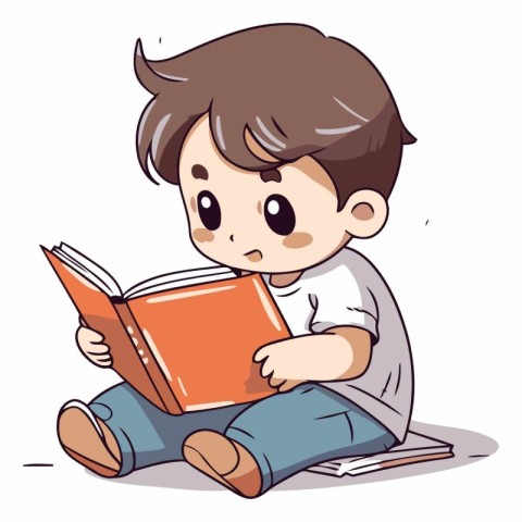 Boy reading a book sitting on the floor. Vector cartoon illustra