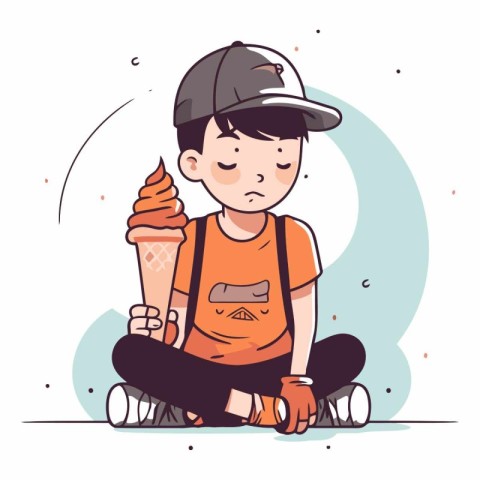 Little boy eating ice cream in a flat style.