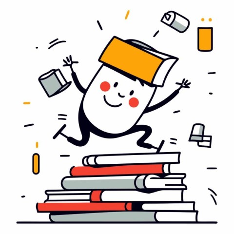 Cartoon character of student jumping on pile of books.