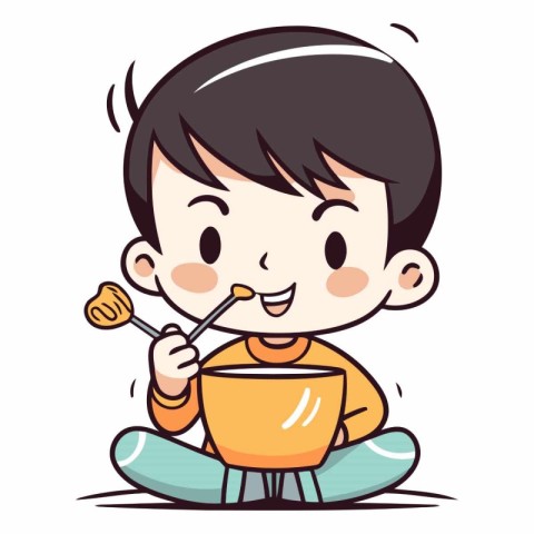 Illustration of a Cute Little Boy Eating a Bowl of Soup