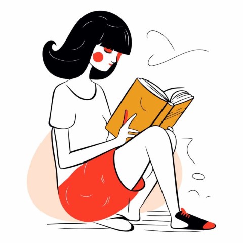 Young woman reading a book in flat cartoon style.