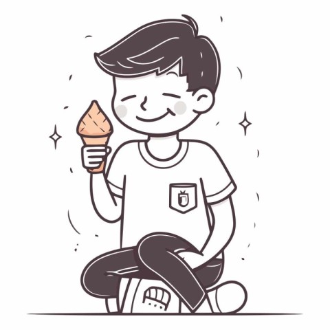 Boy eating ice cream in doodle style.