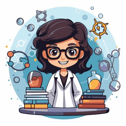 Cute girl scientist with books and chemical elements cartoon vec