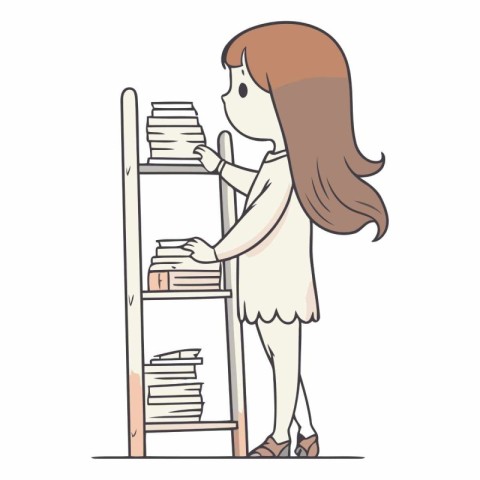 Woman standing on ladder and holding books in cartoon style.