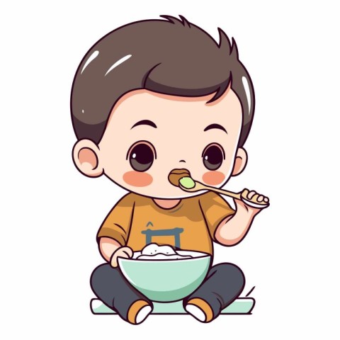 Cute little boy eating a bowl of rice.