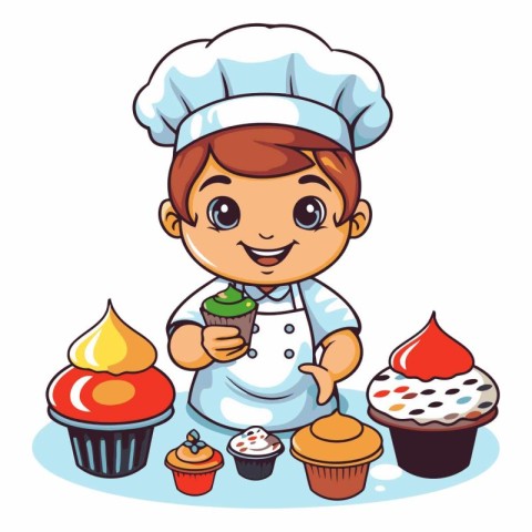 Cute little boy chef with cupcakes. Vector cartoon illustration.