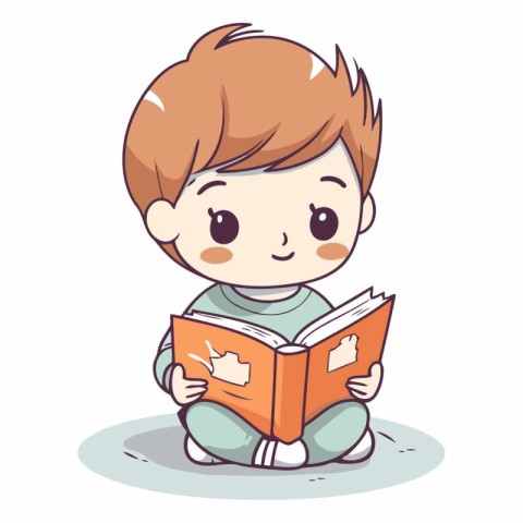 Cute little boy reading a book in cartoon style.