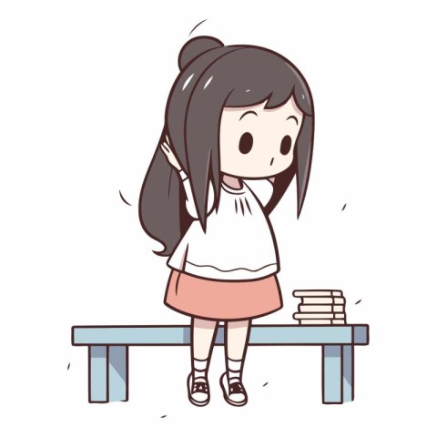 Illustration of a school girl sitting on a bench and doing homew