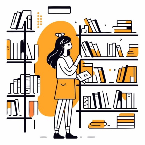 Vector illustration of a woman standing in front of bookshelves