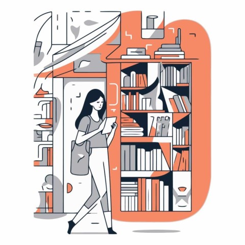 Vector illustration of a woman standing near the bookshelf with