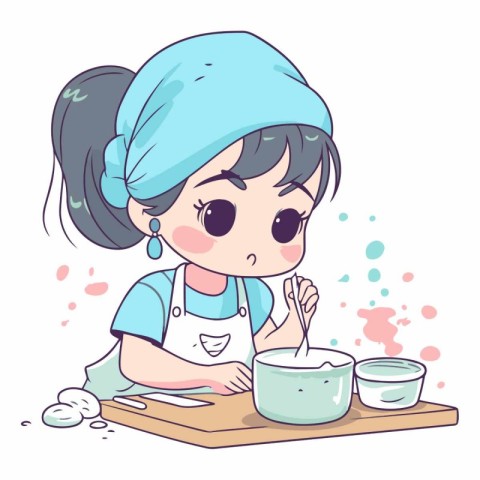 Illustration of a Cute Cartoon Girl Cooking in the kitchen.