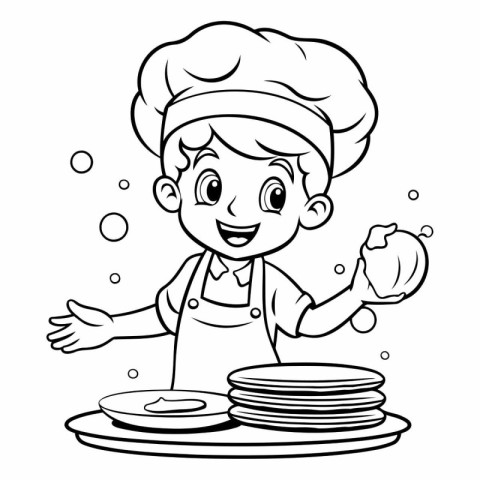 Black and White Cartoon Illustration of Little Boy Chef with Sta