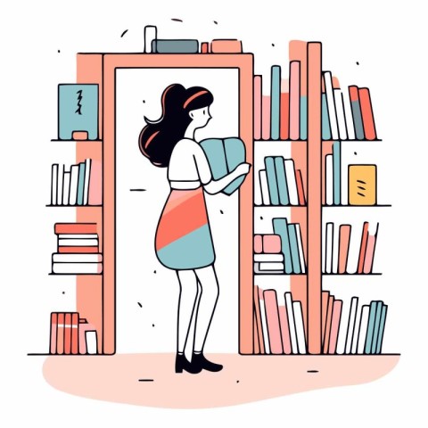 Vector illustration of a woman standing in front of bookshelf wi