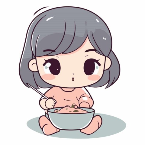 Illustration of a Cute Little Girl Eating a Bowl of Rice