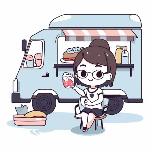 Illustration of a woman sitting in front of a food truck.