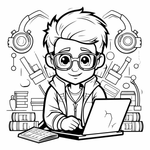 Black and White Cartoon Illustration of Teenage Boy with Laptop