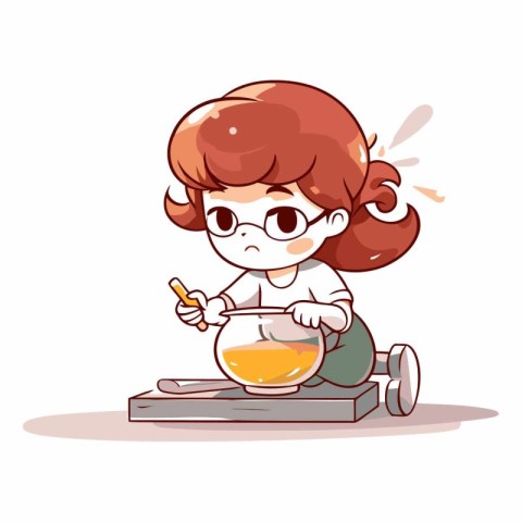 Cute red-haired girl sitting on a stool and eating honey