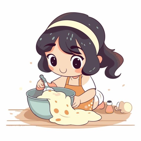 Cute little girl baking cookies in cartoon style.