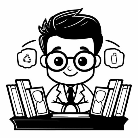 Businessman with Books - Black and White Cartoon Illustration. V