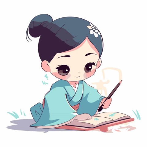 Cute little girl in kimono reading book.