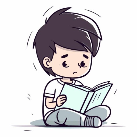 Cute little boy reading a book in cartoon style.