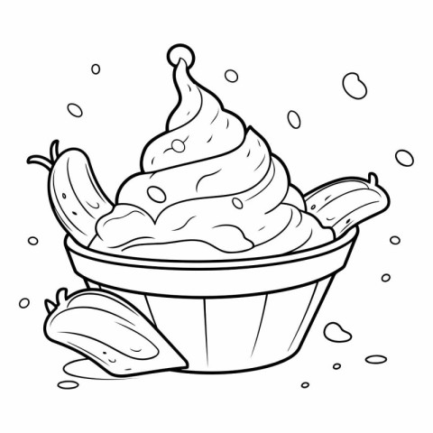 ice cream in a bowl. black and white vector illustration for col