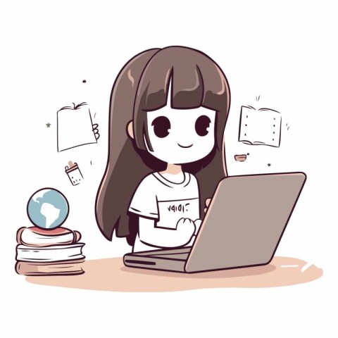 Girl with laptop and books. Cute cartoon character.