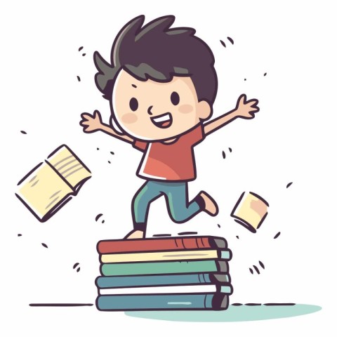 Boy jumping on pile of books in cartoon style.