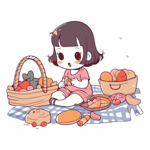 Illustration of a Cute Girl Playing with Her Basket Full of Eggs