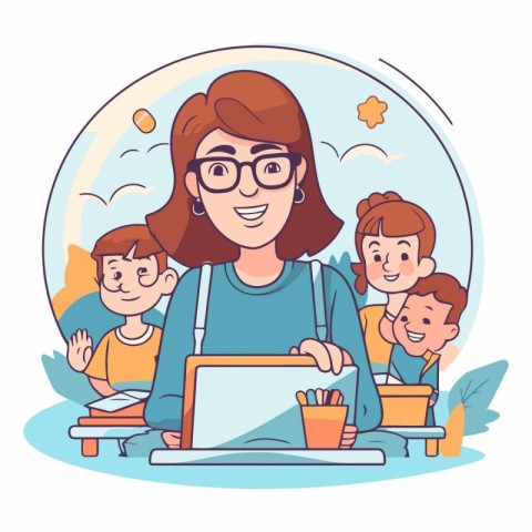 Mother and children using laptop in a flat style.