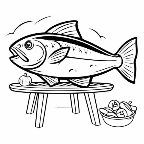 Illustration of a fish on a wooden table. Coloring book for chil