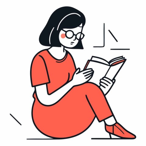 Girl in glasses reading a book in thin line style.