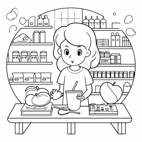 Coloring book for children: girl with a paper cup of coffee in t