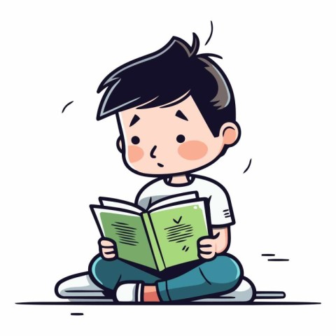 Cute little boy reading a book in cartoon style.