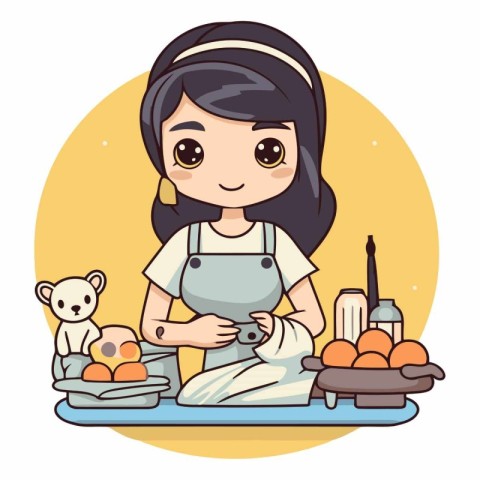 Cute girl cooking in the kitchen cartoon vector illustration gra