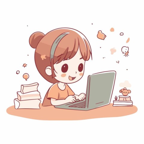 Illustration of a Cute Girl Using a Laptop While Studying