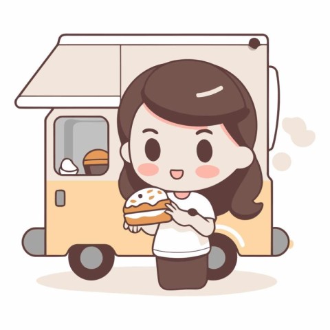 Woman eating a hamburger at the food truck.